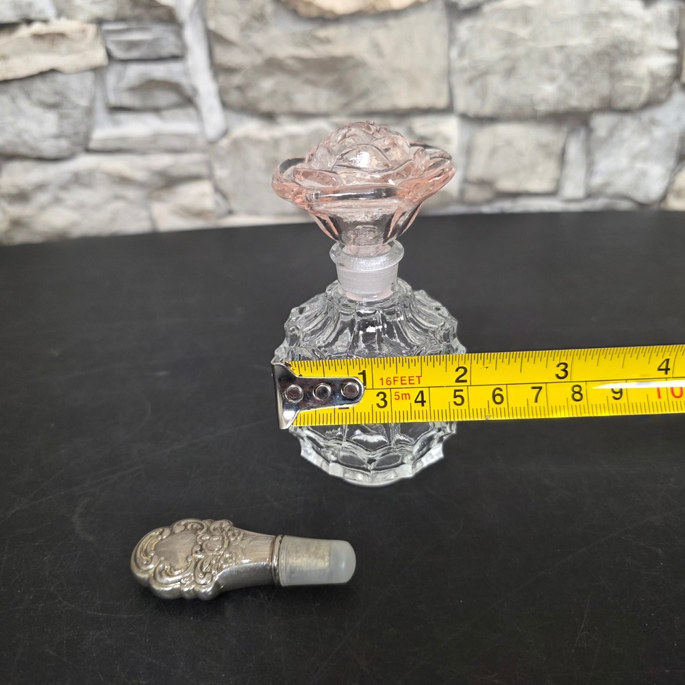 Irice Vintage Glass Perfume Bottle Pink Rose Stopper Extra Silver Dauber Decor - Picture 12 of 12